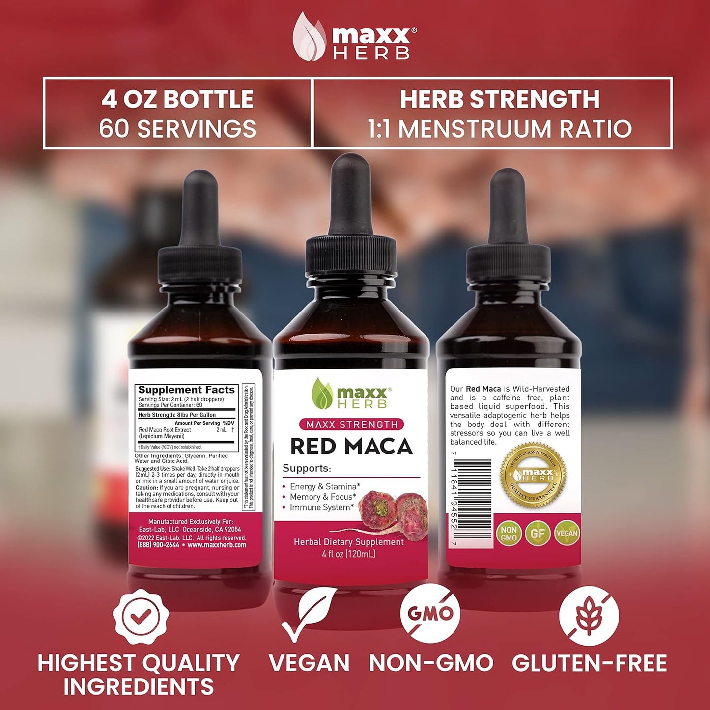 Maxx Herb Red Maca Root Extract Liquid Drops - High Potency for Stamina, Memory, and Focus - 4 Oz Bottle (60 Servings)