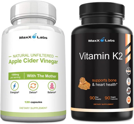 MaxX Labs Apple Cider Vinegar Capsules with The Mother + Vitamin K2 Supplement - Energy, Immunity, Digestion, Metabolism & Bone Support - 90 Capsules