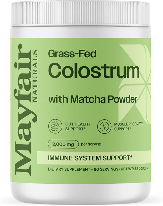 Mayfair Naturals Grass-Fed Bovine Colostrum & Matcha Green Tea Supplement - Immune Support for Kids & Adults - Gut Health & Muscle Recovery - 60 Servings