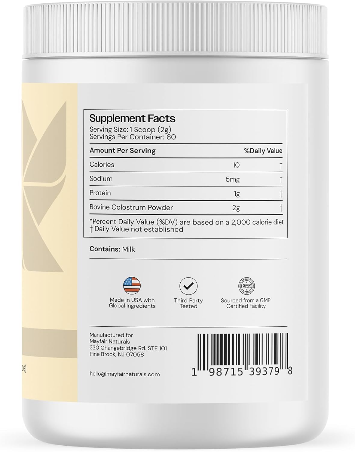 Mayfair Naturals Grass-Fed Bovine Colostrum Supplement - Immune System & Gut Health Support - 60 Servings for Kids & Adults
