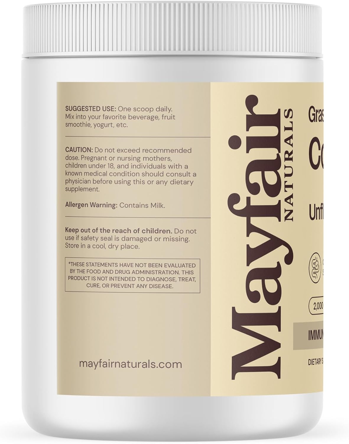 Mayfair Naturals Grass-Fed Bovine Colostrum Supplement - Immune System & Gut Health Support - 60 Servings for Kids & Adults
