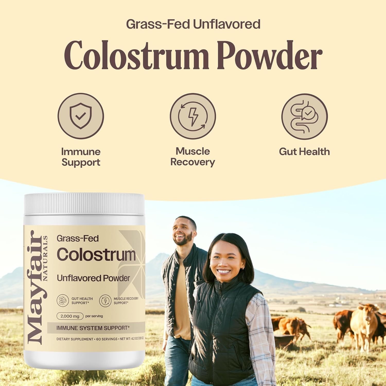 Mayfair Naturals Grass-Fed Bovine Colostrum Supplement - Immune System & Gut Health Support - 60 Servings for Kids & Adults
