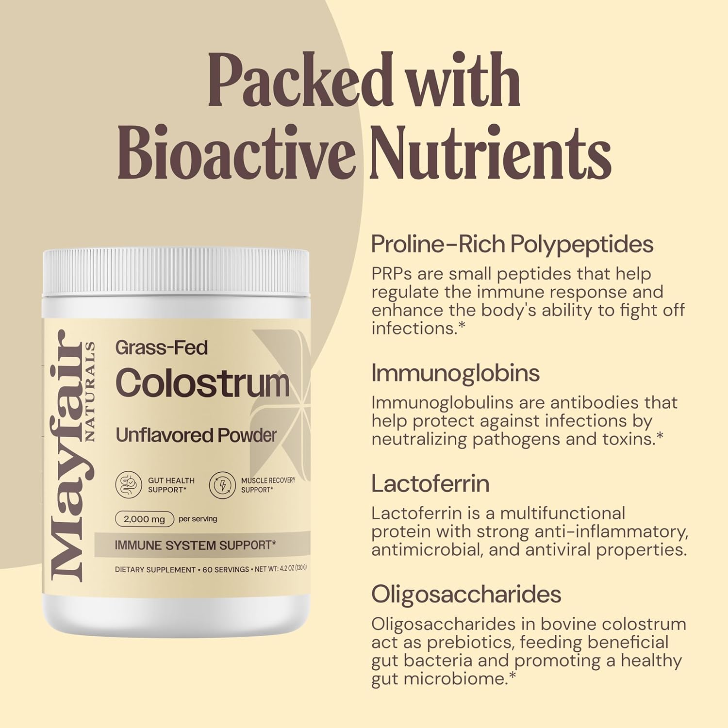 Mayfair Naturals Grass-Fed Bovine Colostrum Supplement - Immune System & Gut Health Support - 60 Servings for Kids & Adults