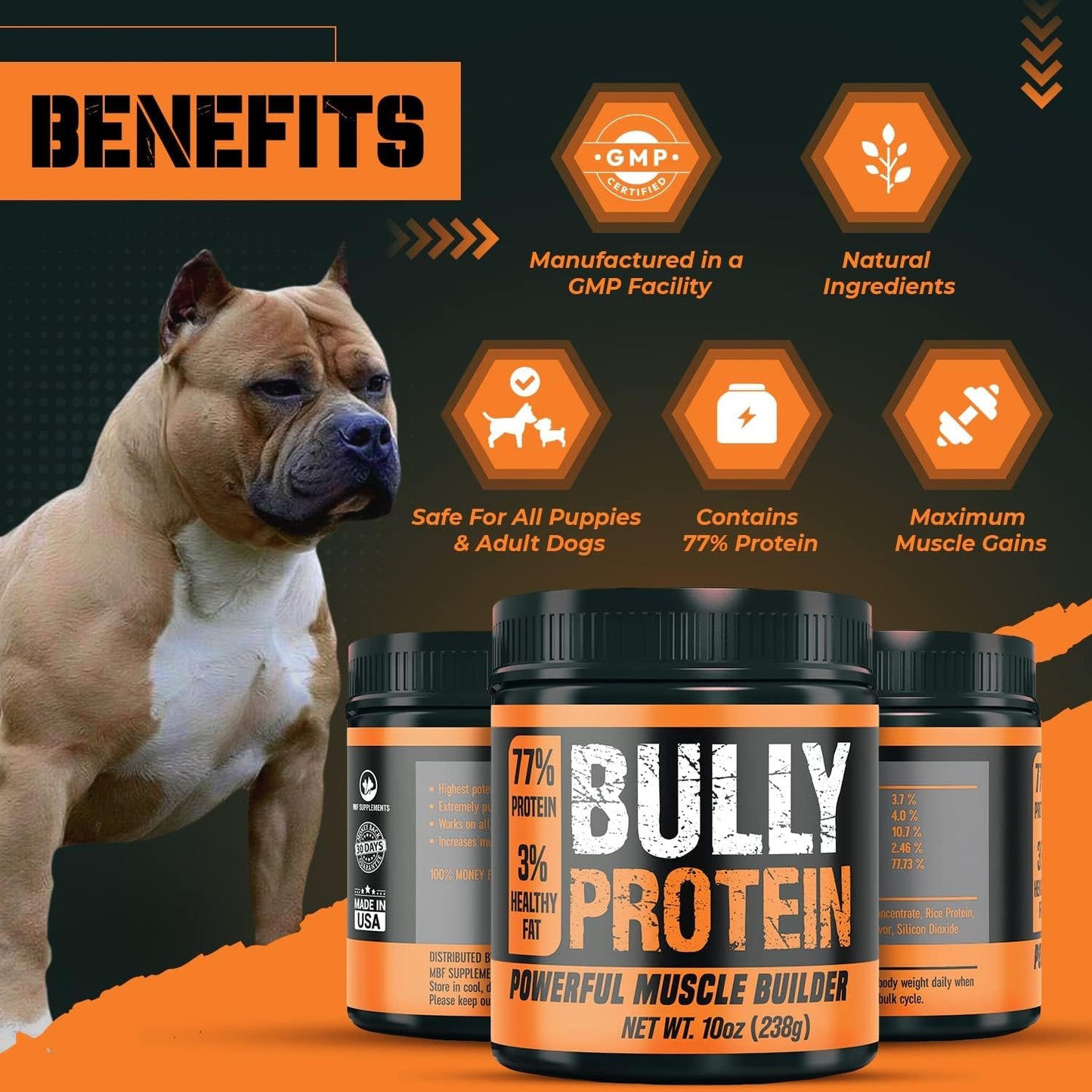 MBF SUPPLEMENTS Bully Protein & Vitamin Muscle Enhancer for Dogs, 30-Day Supply, 238mg Growth & Mass Gainer - Ideal for Pitbulls & Bulldogs