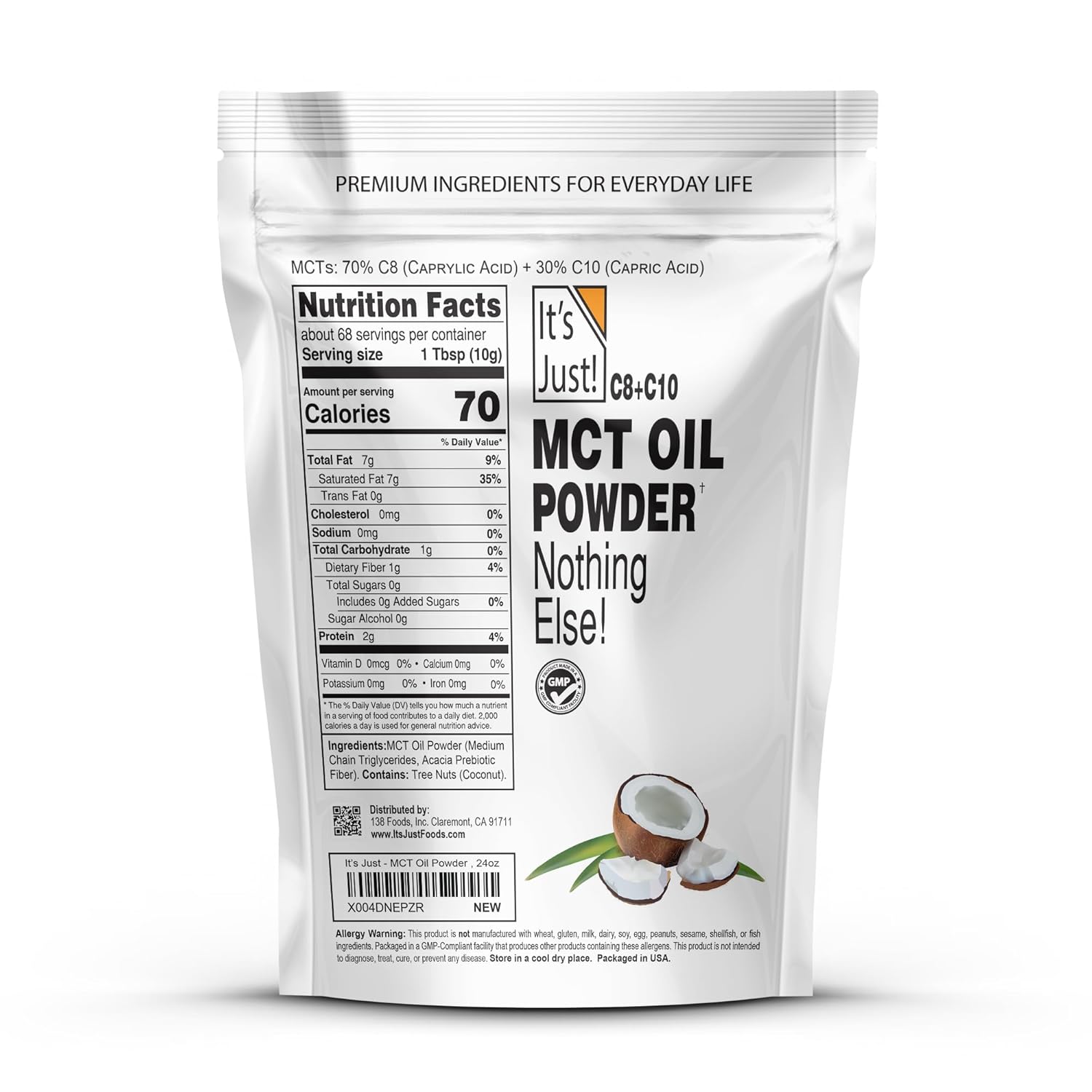 MCT Oil Powder with Prebiotic Fiber 1.5lbs - 70% C8 + 30% C10, Keto Coffee Creamer, Non-GMO 24oz