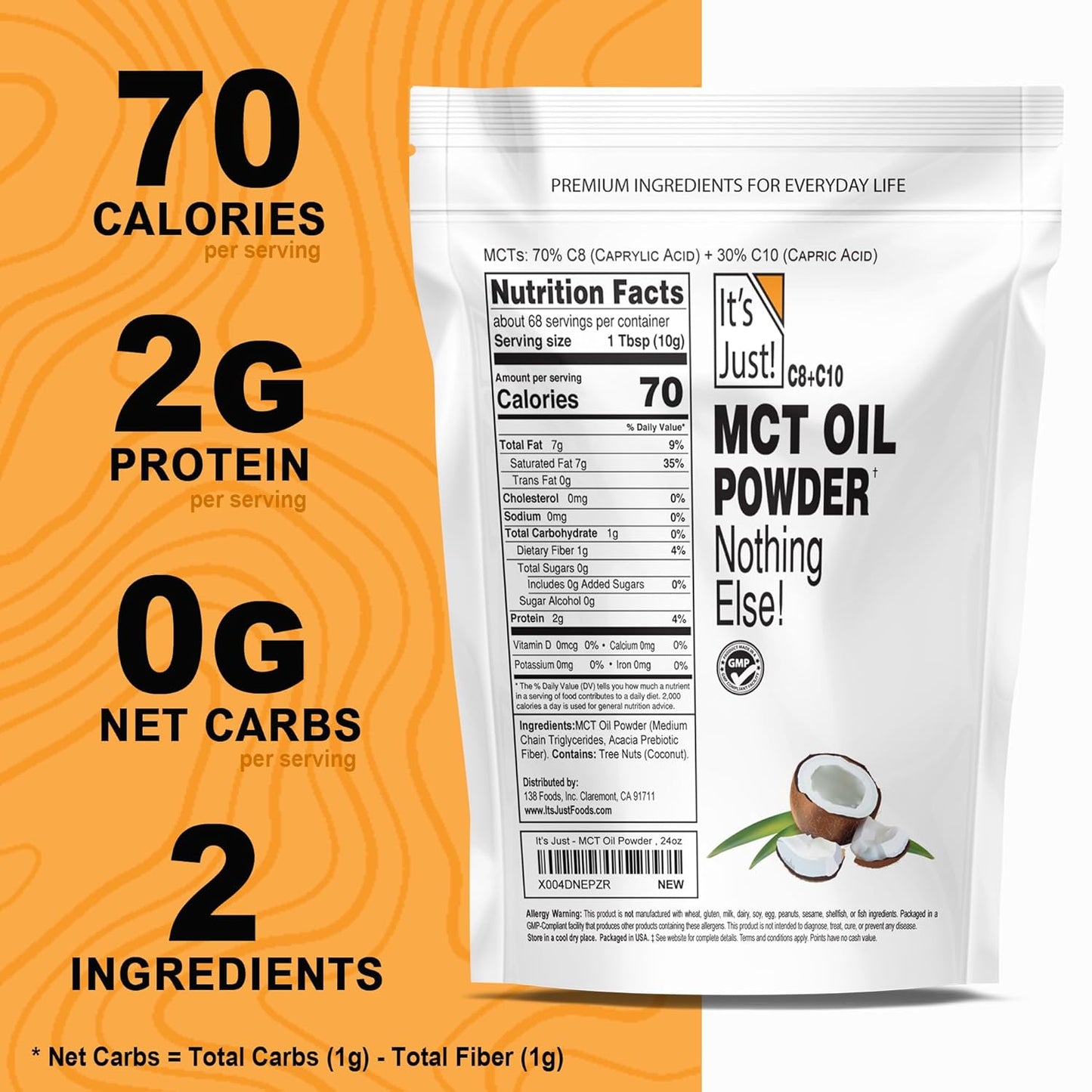 MCT Oil Powder with Prebiotic Fiber 1.5lbs - 70% C8 + 30% C10, Keto Coffee Creamer, Non-GMO 24oz