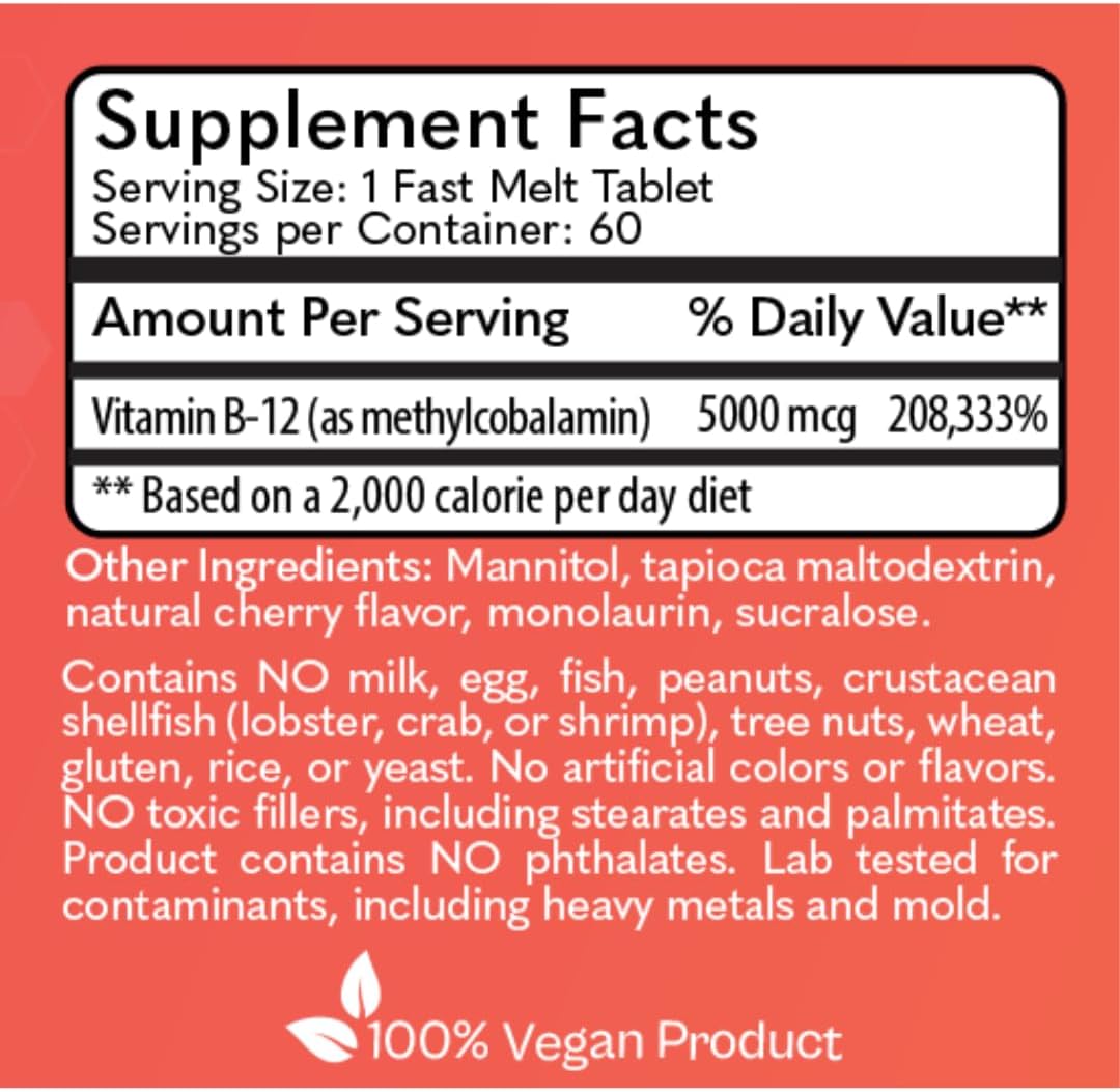 MD Logic Health Methyl-B12 5000 Fast Melt Tablets for Energy - Vegan - New York Made