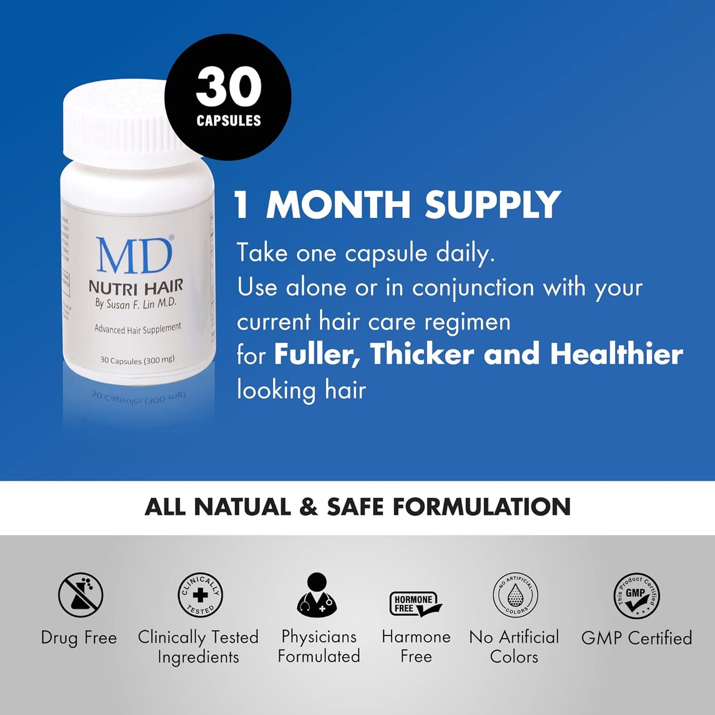 MD Nutri Biotin Hair Growth Supplement - 30 Capsules for Hair Loss, Shedding & Thinning - Promotes Longer, Thicker Hair - Reduce Breakage & Improve Hair Health