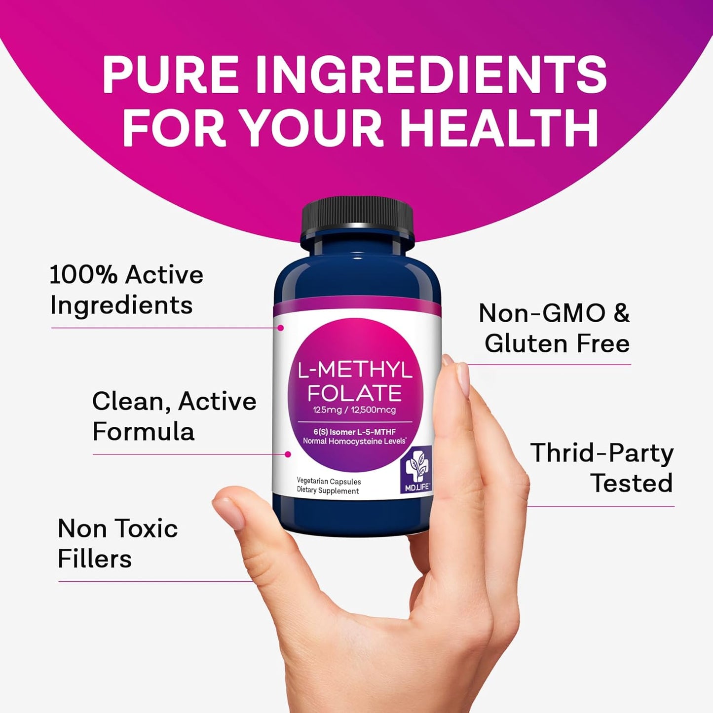 MD.LIFE L-Methylfolate 12.5mg - Maximum Potency MTHFR Supplement - Professional-Grade Active Folate - 60 Capsules - Essential Amino Acids