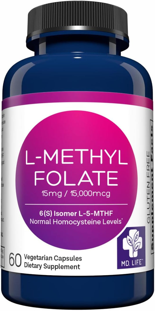 MD.LIFE L-Methylfolate 15mg Capsules - Professional-Grade MTHFR Supplement - Maximum Potency 60ct - Essential Amino Acids
