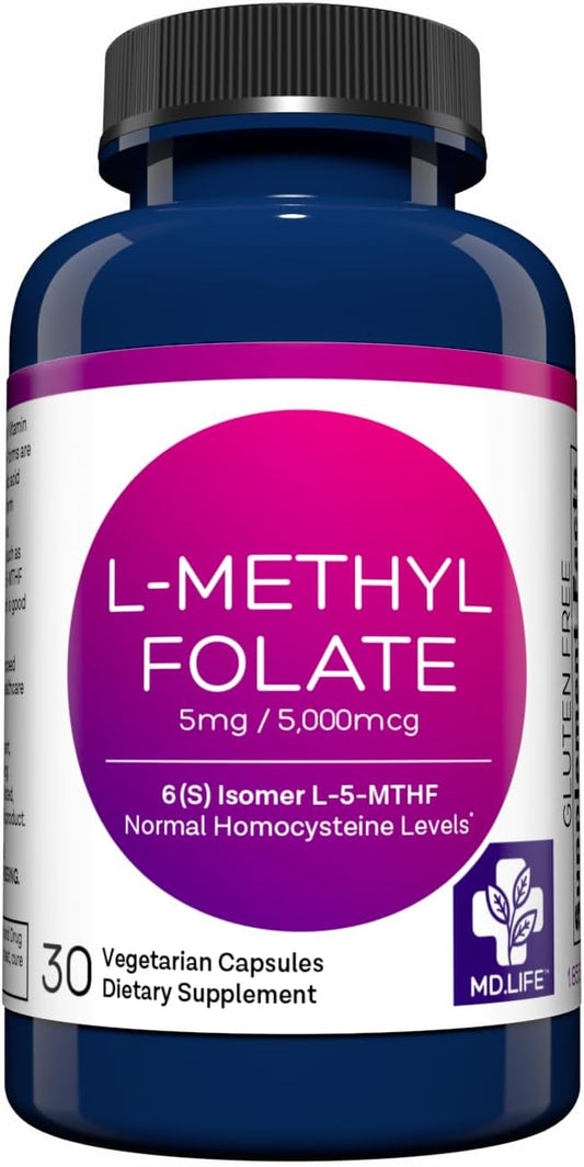 MD.LIFE L-Methylfolate 5mg Capsules - Professional-Grade Methylfolate Supplement for Maximum Potency - MTHFR Support with Essential Amino Acids - 30 Count