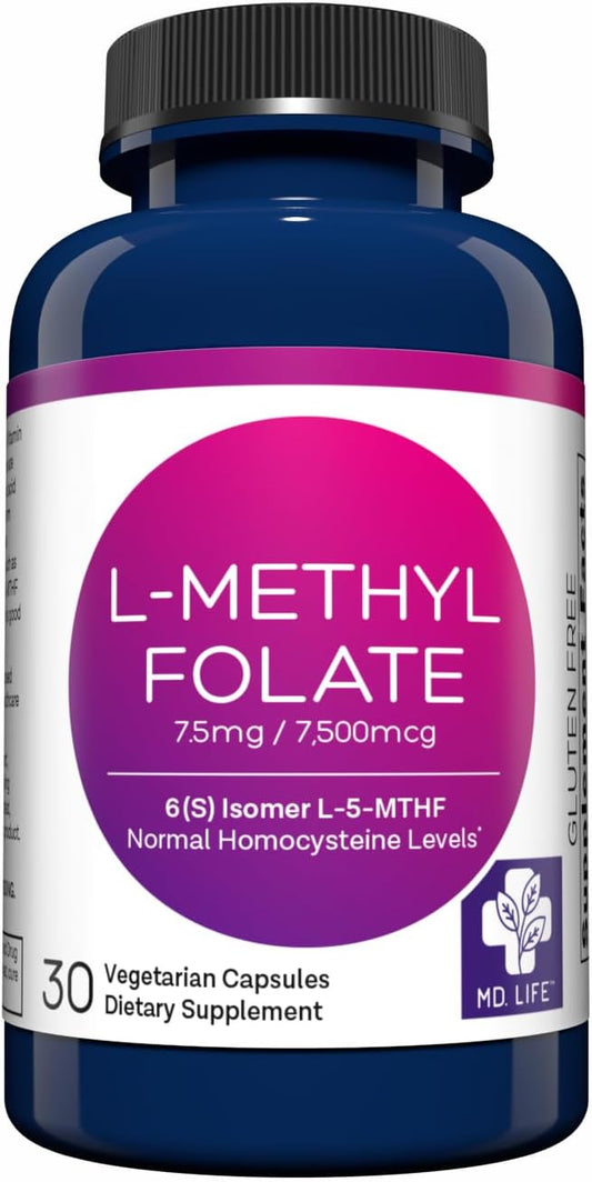 MD.LIFE L-Methylfolate 7.5mg Supplement - Maximum Potency MTHFR Support - 30 Capsules - Essential Amino Acids - Professional-Grade