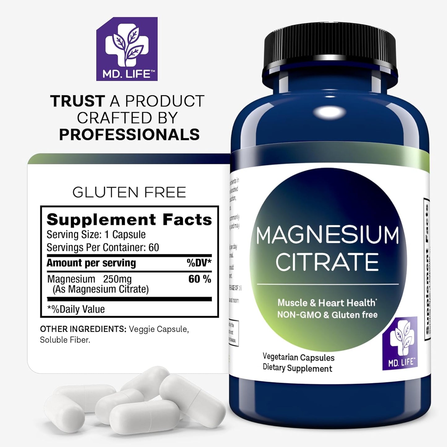 MD.LIFE Magnesium Citrate Capsules - 250 mg, 30 Count - High Absorption Supplement for Muscle, Heart, Nerves, Sleep, and Bone Health