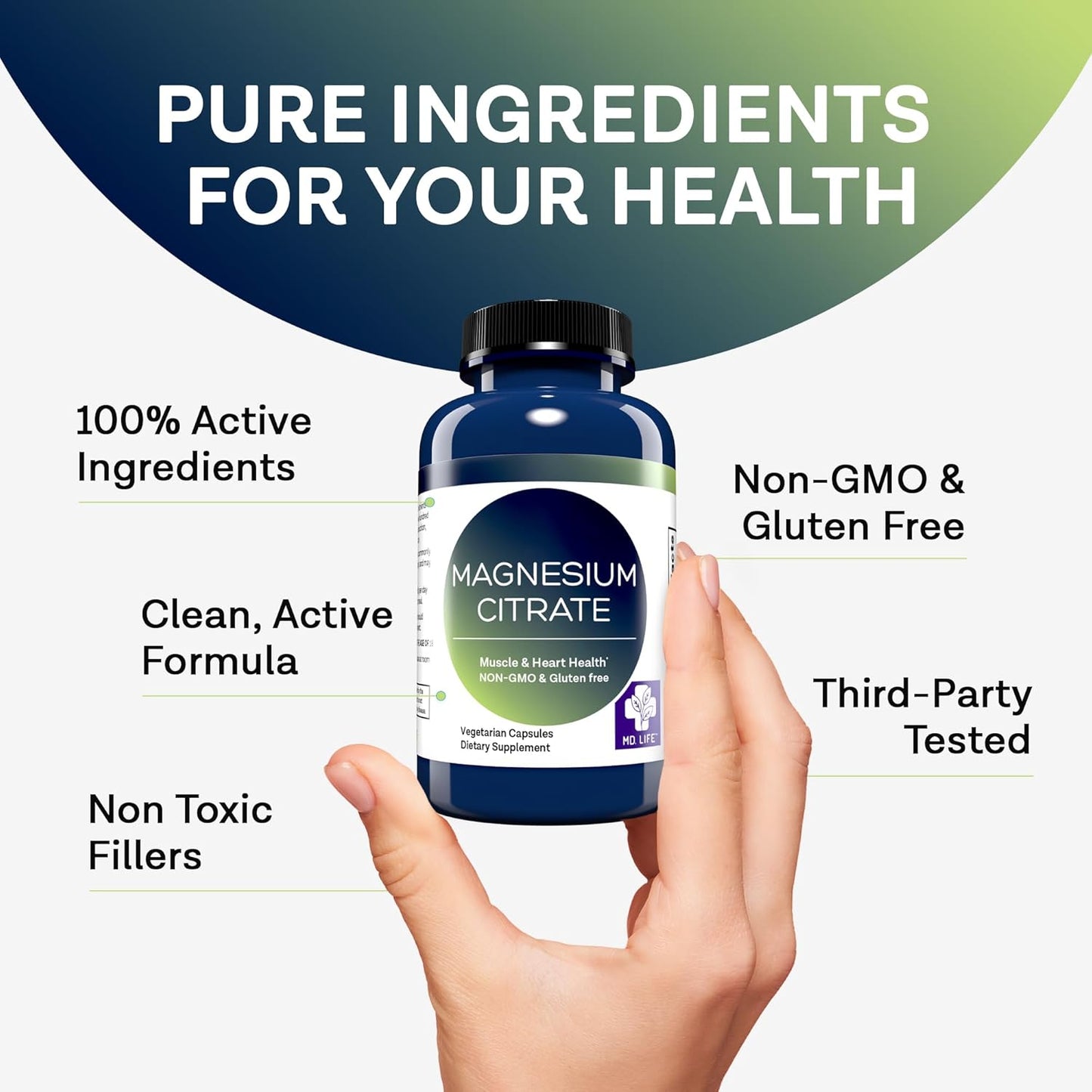 MD.LIFE Magnesium Citrate Capsules - 250 mg, 30 Count - High Absorption Supplement for Muscle, Heart, Nerves, Sleep, and Bone Health