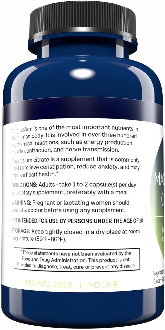 MD.LIFE Magnesium Citrate Capsules - 250 mg, 30 Count - High Absorption Supplement for Muscle, Heart, Nerves, Sleep, and Bone Health
