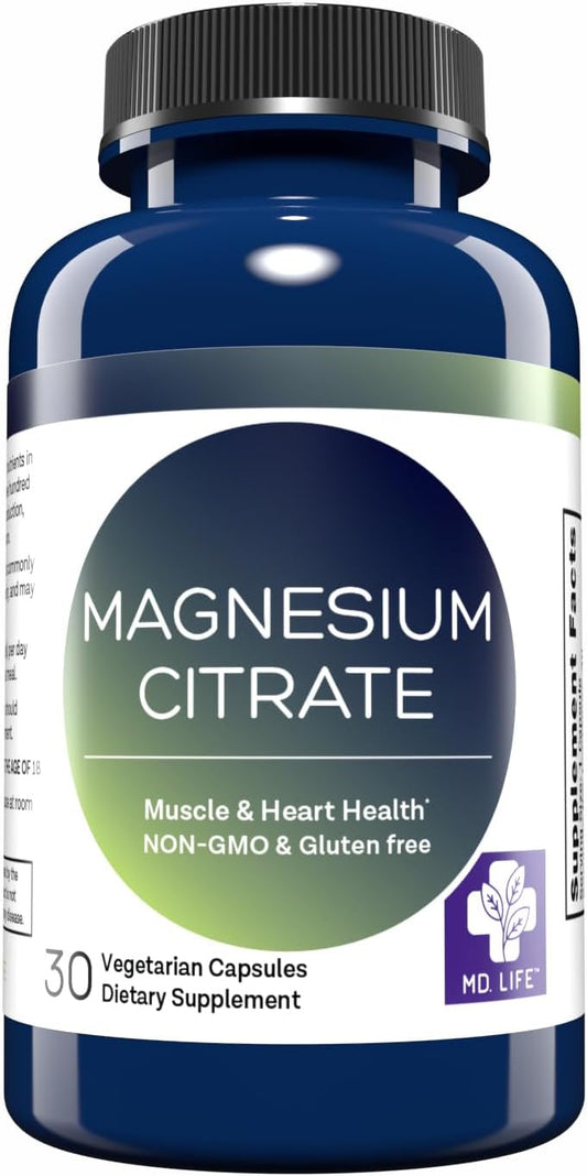 MD.LIFE Magnesium Citrate Capsules 250mg - 60 Count - High Absorption Supplement for Muscle, Heart, Nerves, Sleep, and Bone Health