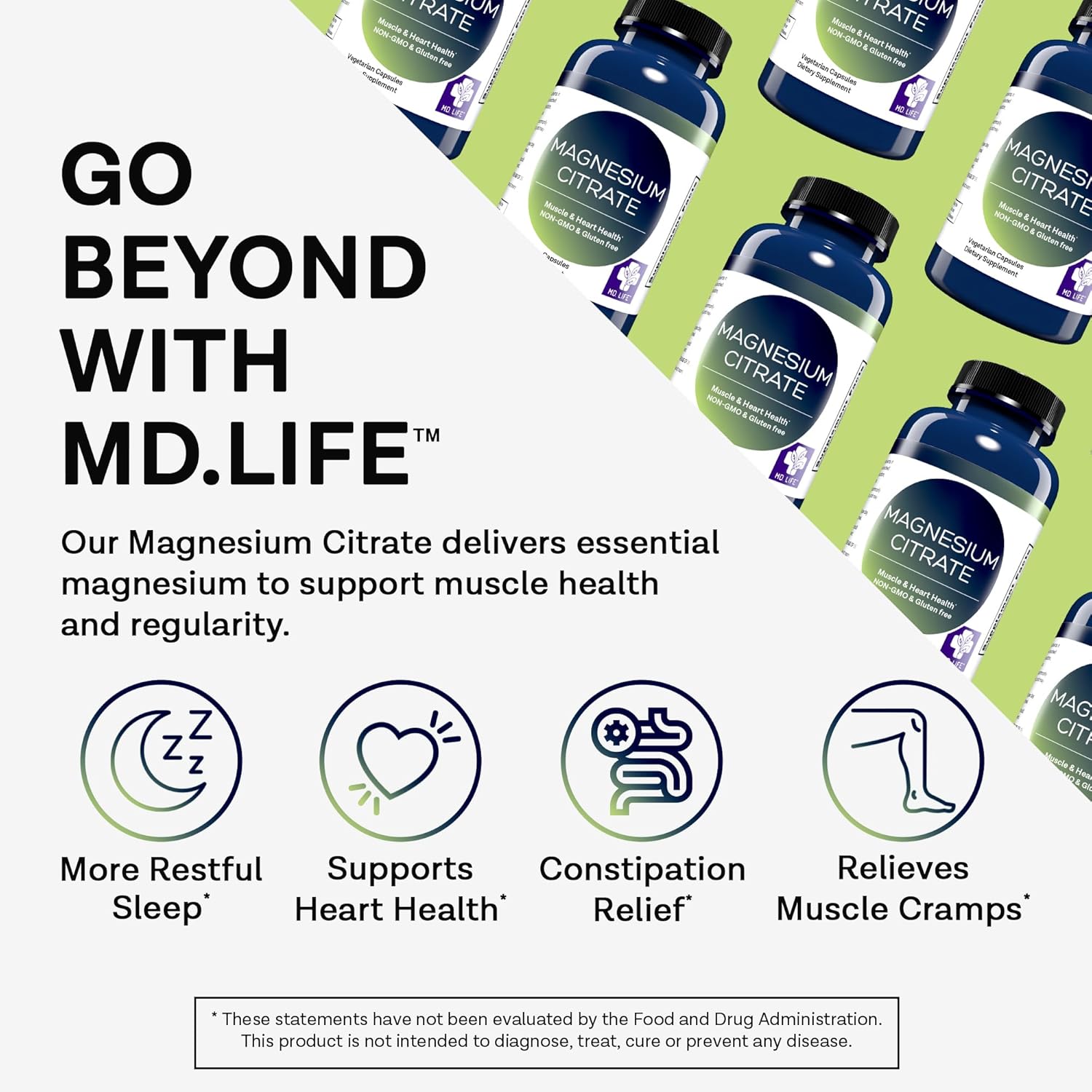 MD.LIFE Magnesium Citrate Capsules 250mg - 60 Count - High Absorption Supplement for Muscle, Heart, Nerves, Sleep, and Bone Health