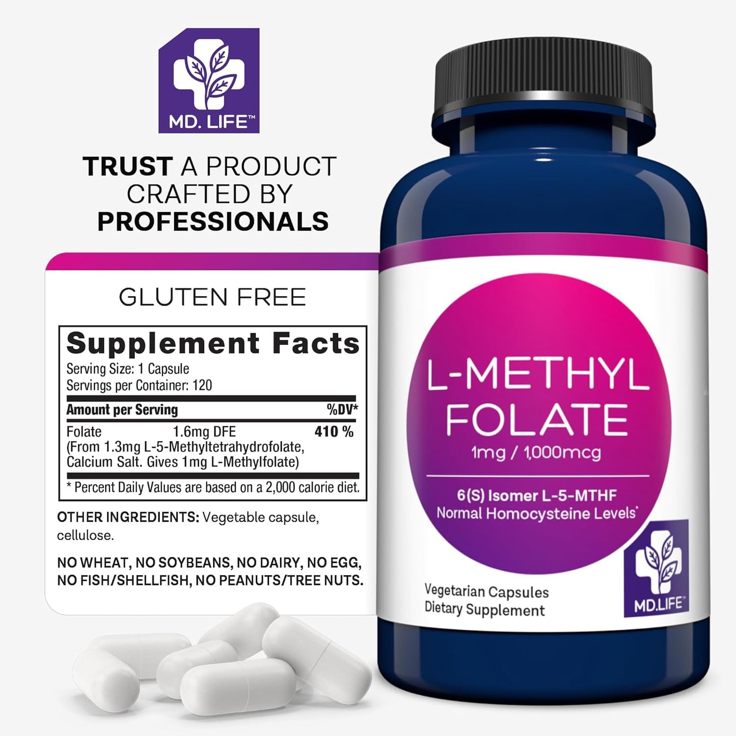MD.LIFE Professional-Grade L Methylfolate 1mg Supplement - Maximum Potency MTHFR Support - 120 Capsules - Essential Amino Acids