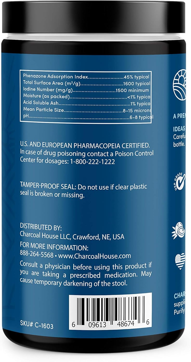 Medical Grade Coconut Shell Activated Charcoal Powder - 12 oz - 1 Qt - Fast Acting & High Adsorptive Capacity - Natural Cleanse & Detox - Charcoal House