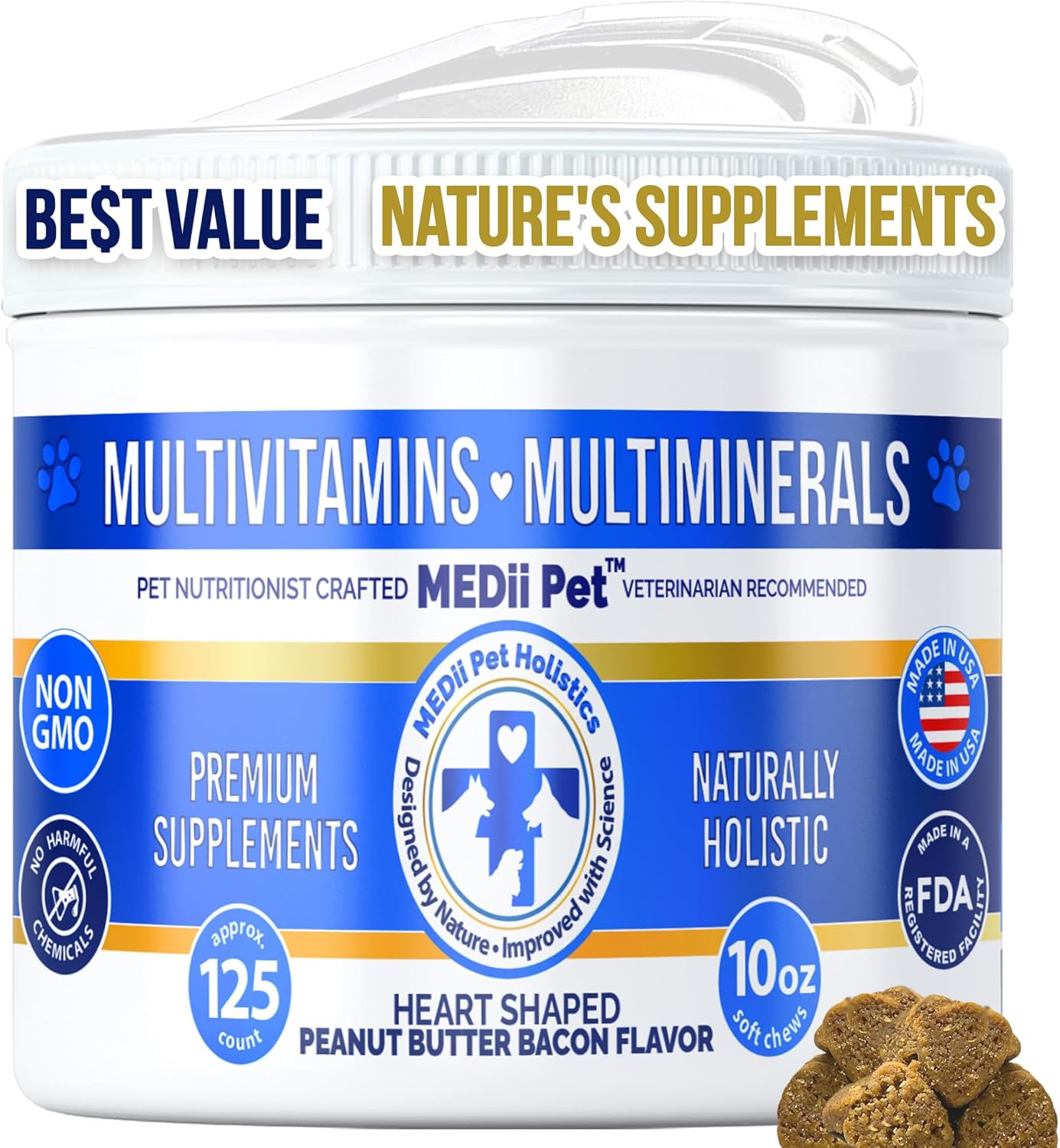 MEDii Pet Organic Dog Multi Vitamins with 74 Minerals in Vegan Bacon Peanut Butter Chew - Holistic Benefits in Pop Top Jar