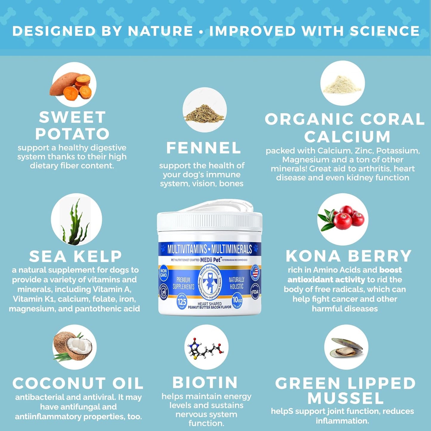 MEDii Pet Organic Dog Multi Vitamins with 74 Minerals in Vegan Bacon Peanut Butter Chew - Holistic Benefits in Pop Top Jar