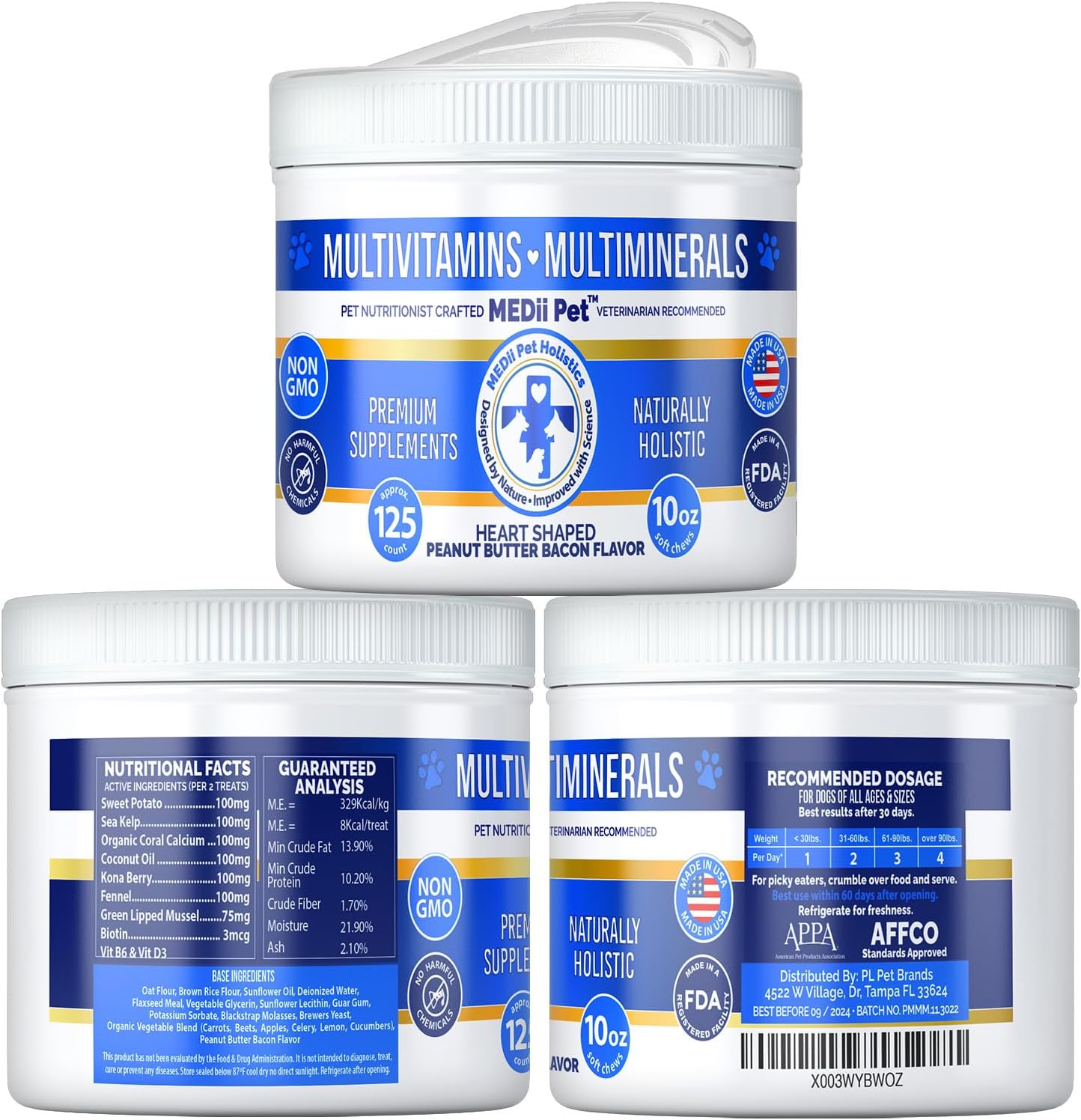 MEDii Pet Organic Dog Multi Vitamins with 74 Minerals in Vegan Bacon Peanut Butter Chew - Holistic Benefits in Pop Top Jar