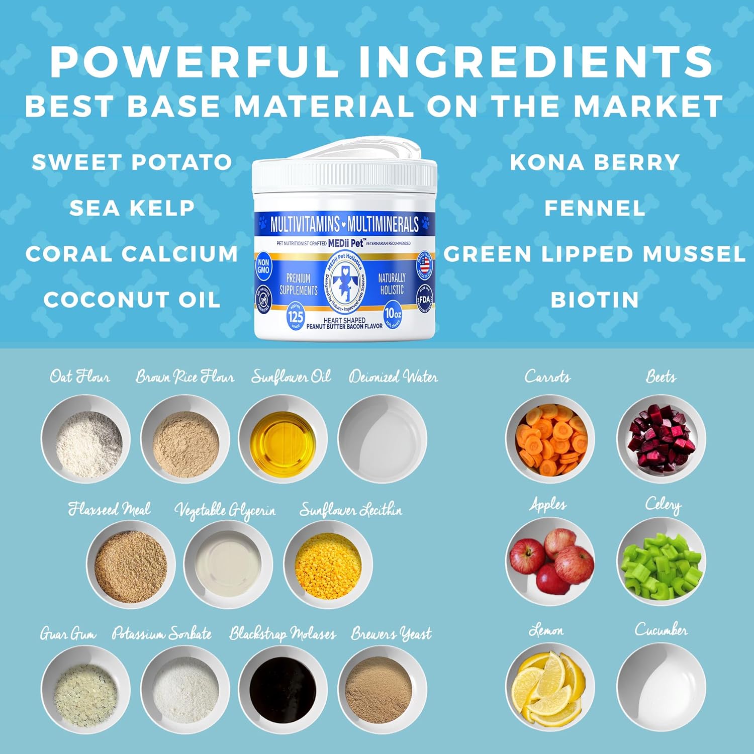 MEDii Pet Organic Dog Multi Vitamins with 74 Minerals in Vegan Bacon Peanut Butter Chew - Holistic Benefits in Pop Top Jar