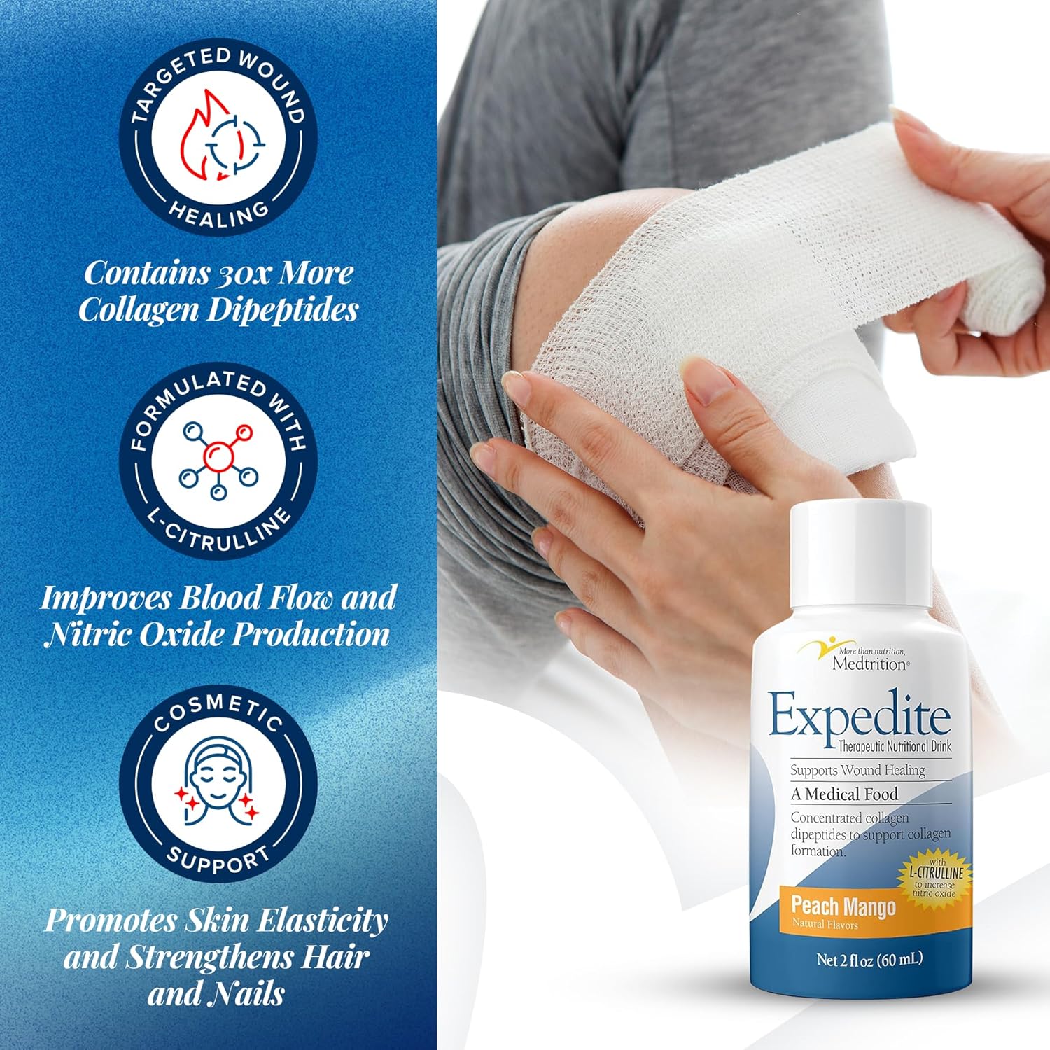 Medtrition Expedite Liquid Collagen - Supports Wound Healing, Surgery Recovery, Diabetic Foot Ulcers, Skin Health - 30x More Collagen Peptides - Pack of 48 Bottles