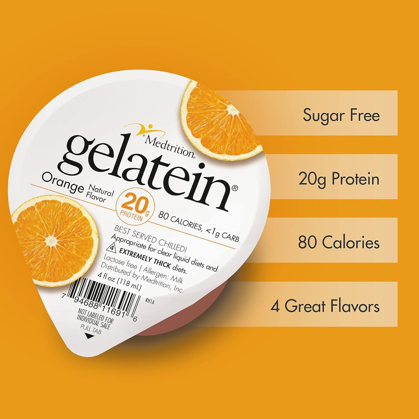 Medtrition Gelatein Orange: Sugar-Free Protein Gel Snack for Liquid Diets, Swallowing Issues, Bariatric, Dialysis, Oncology - 20g Protein (12 Pack)