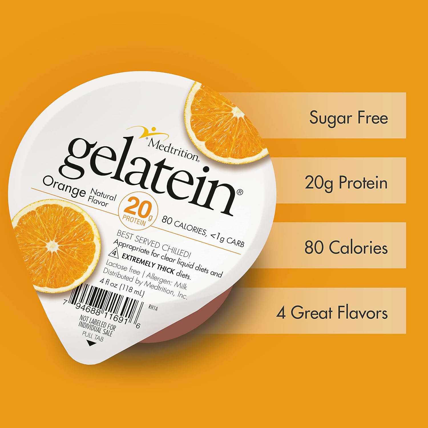 Medtrition Gelatein Orange: Sugar-Free Protein Gel Snack for Liquid Diets, Swallowing Issues, Bariatric, Dialysis, Oncology - 20g Protein (12 Pack)