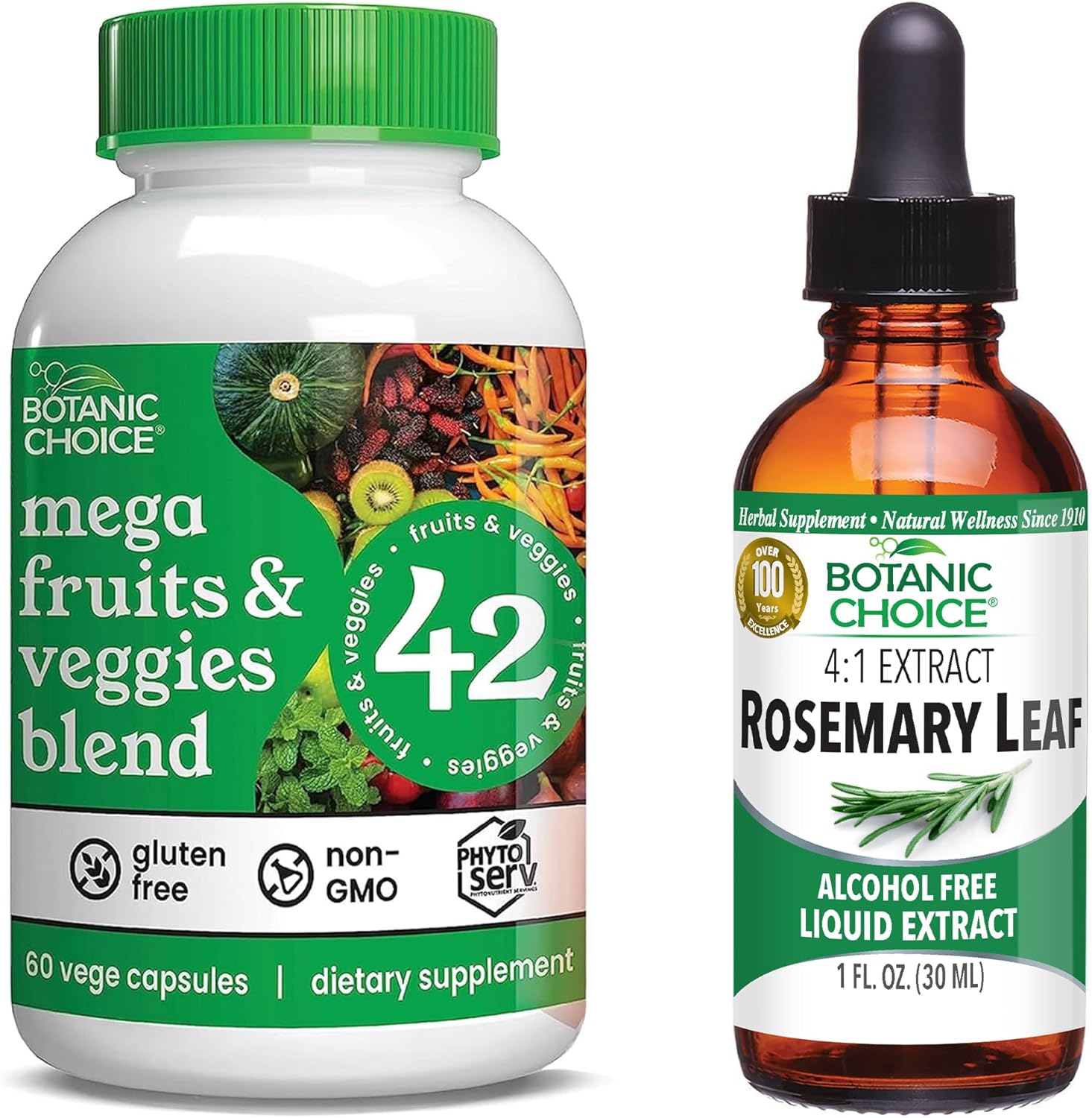 Mega Fruits and Veggies Blend Capsules with Rosemary Leaf Extract - Energy, Balance, Concentration, Memory - 2-in-1 Supplement Bundle