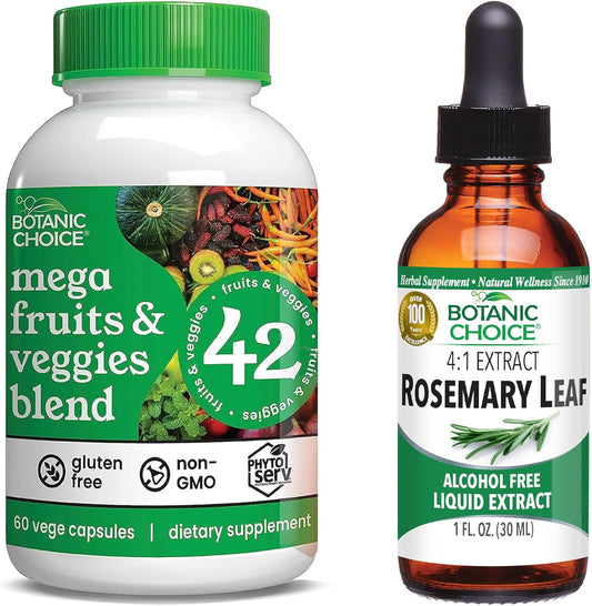 Mega Fruits and Veggies Blend Capsules with Rosemary Leaf Extract - Energy, Balance, Concentration, Memory - 2-in-1 Supplement Bundle