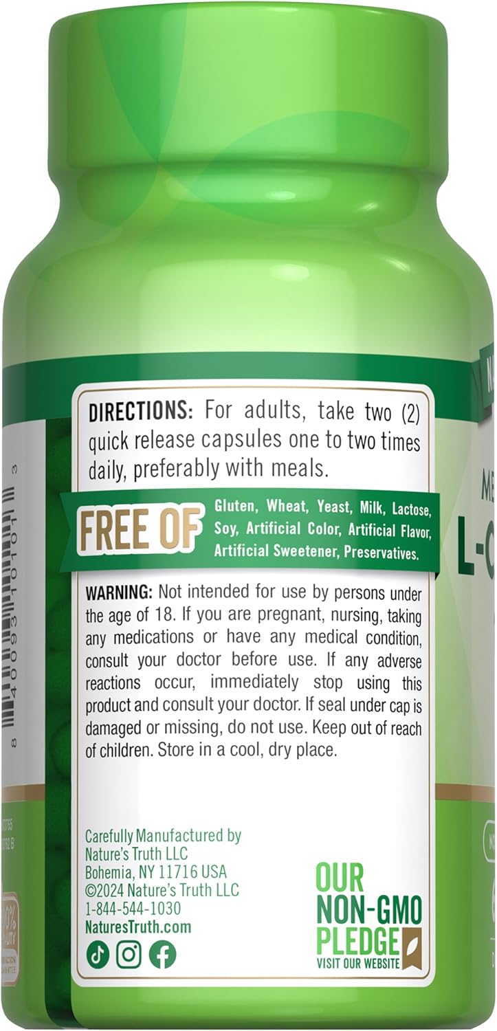 Mega Strength L-Carnitine 1000mg Supplement | 60 Capsules | Free Form | Non-GMO & Gluten Free | Nature's Truth