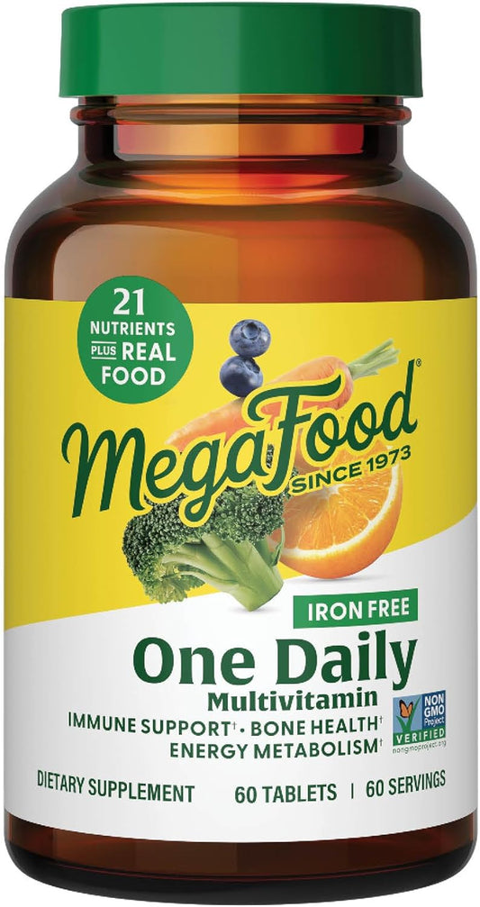 MegaFood One Daily Multivitamin for Women and Men - Iron-Free with Real Food - Immune Support and Bone Health - Energy Metabolism - Vegetarian - Non-GMO - 60 Tablets