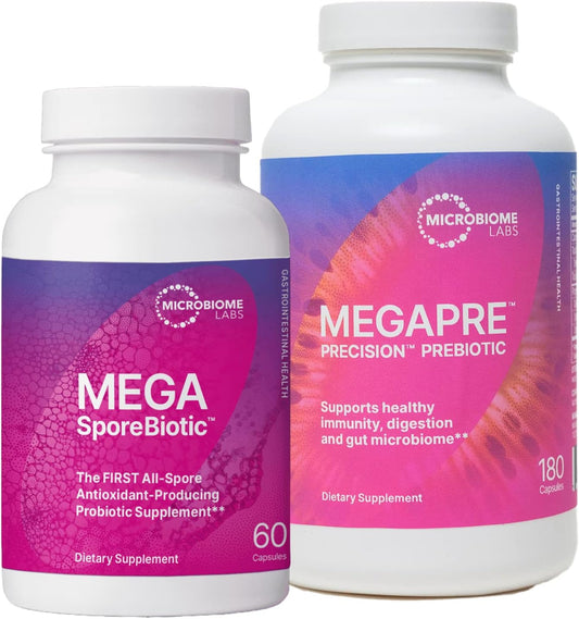MegaSporeBiotic & MegaPre Probiotic Prebiotic Bundle - Spore-Based Probiotic with Fiber Supplement (60 + 180 Capsules)