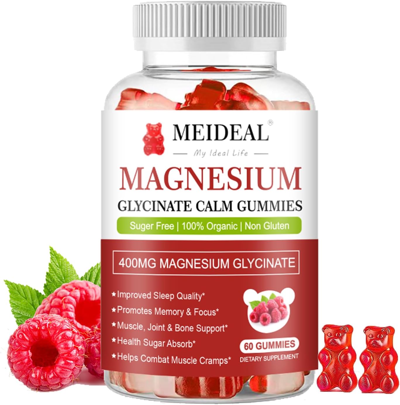 Meideal Magnesium Glycinate Gummies 400mg with Vitamin D, B6, CoQ10 - 60 Gummies (Raspberry)