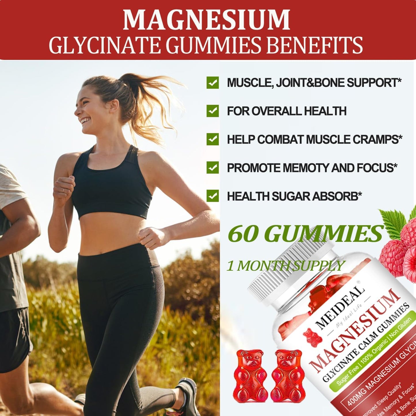 Meideal Magnesium Glycinate Gummies 400mg with Vitamin D, B6, CoQ10 - 60 Gummies (Raspberry)