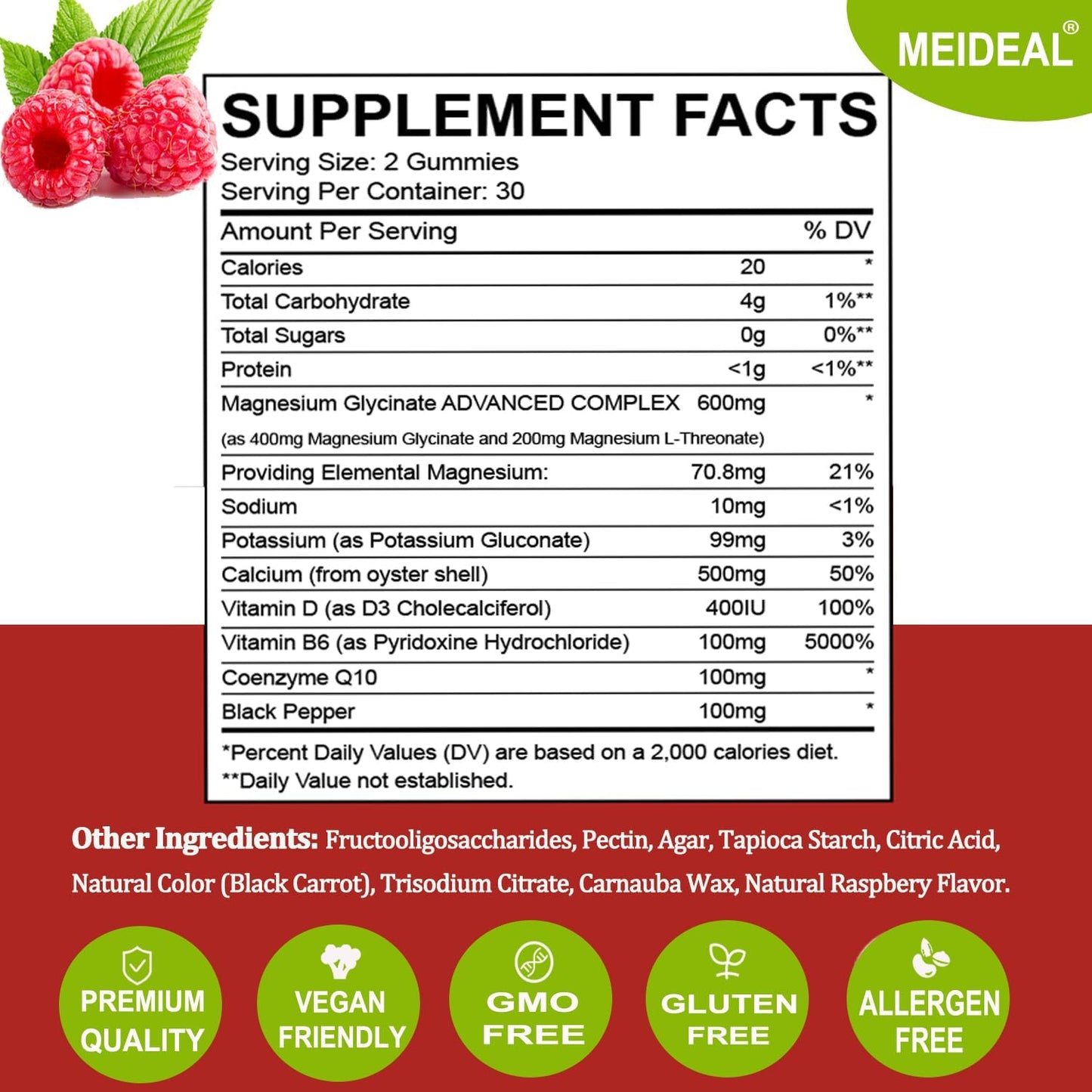 Meideal Magnesium Glycinate Gummies 400mg with Vitamin D, B6, CoQ10 - 60 Gummies (Raspberry)