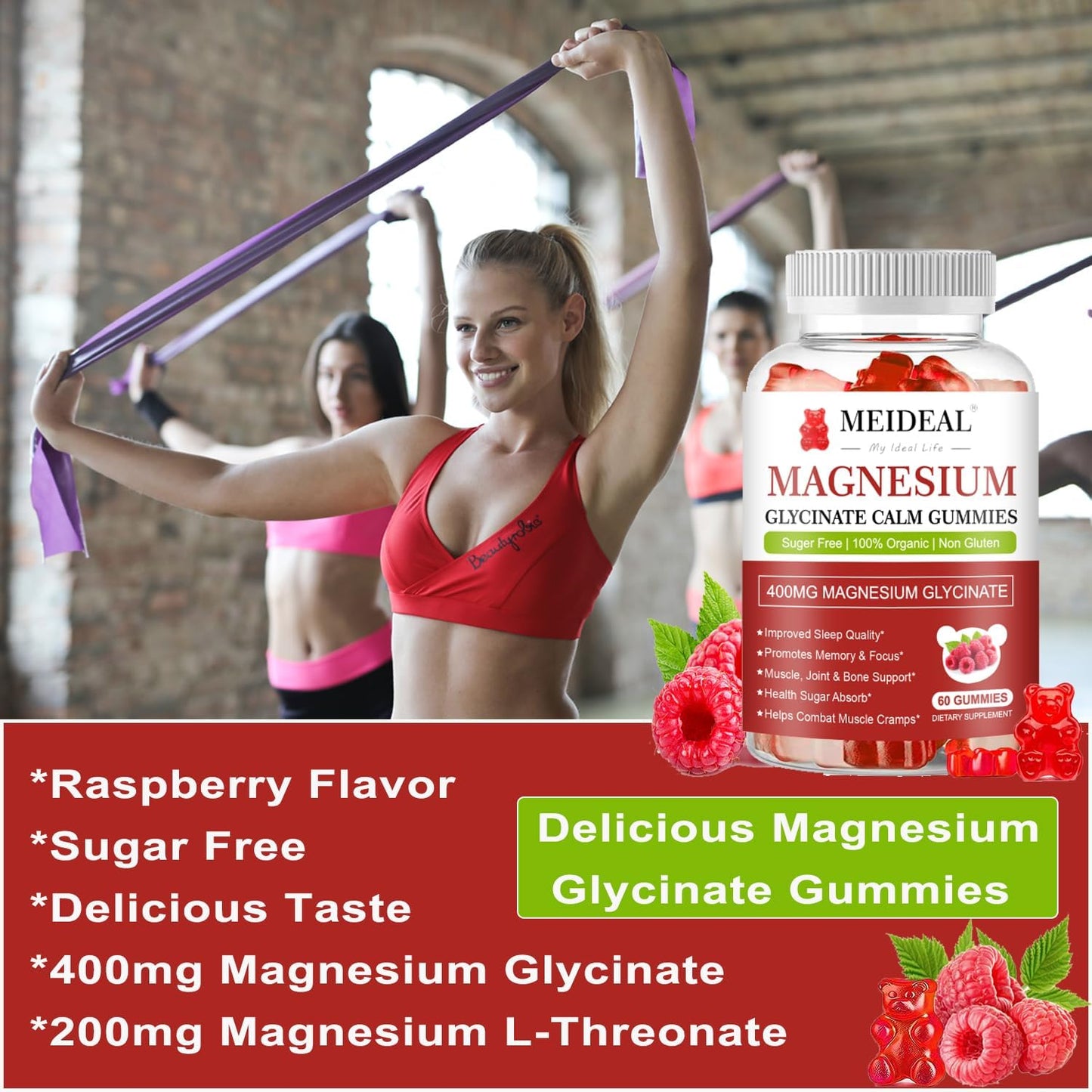 Meideal Magnesium Glycinate Gummies 400mg with Vitamin D, B6, CoQ10 - 60 Gummies (Raspberry)