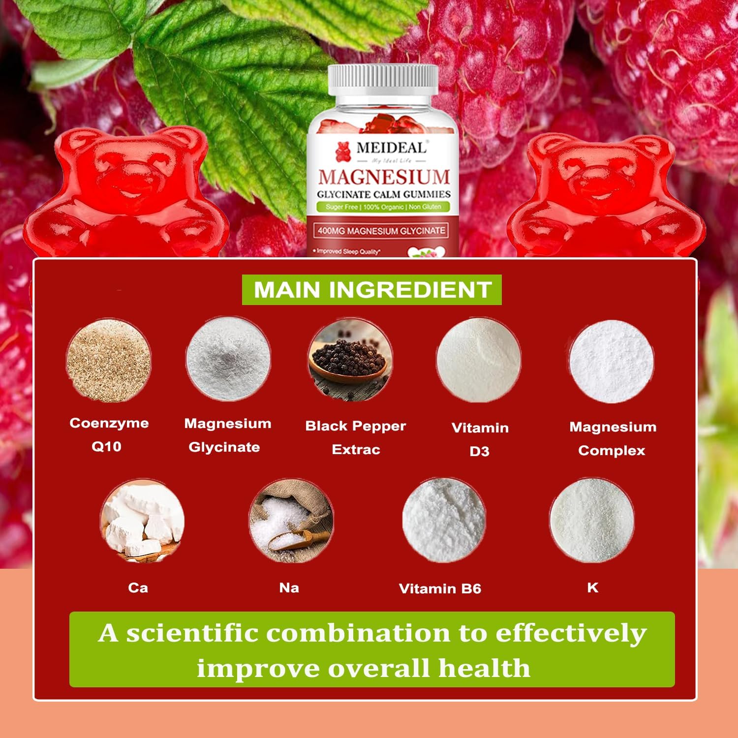 Meideal Magnesium Glycinate Gummies 400mg with Vitamin D, B6, CoQ10 - 60 Gummies (Raspberry)