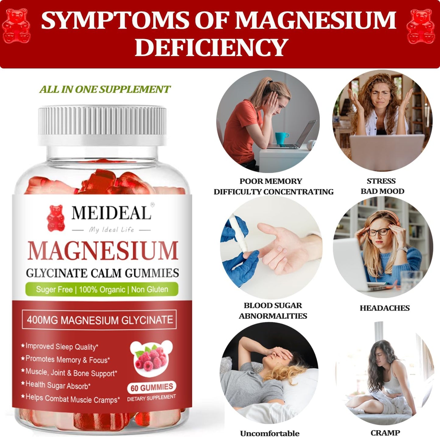 Meideal Magnesium Glycinate Gummies 400mg with Vitamin D, B6, CoQ10 - 60 Gummies (Raspberry)