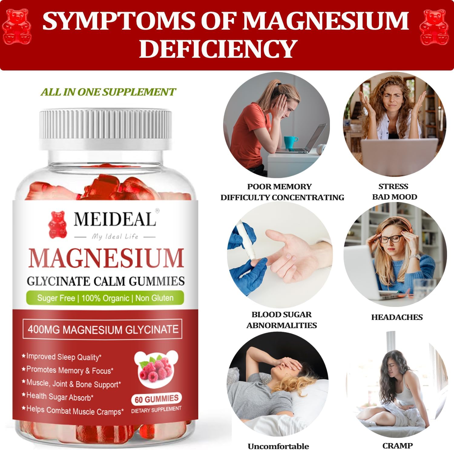 Meideal Magnesium Glycinate Gummies 400mg with Vitamin D, B6, CoQ10 - 60 Gummies (Raspberry)