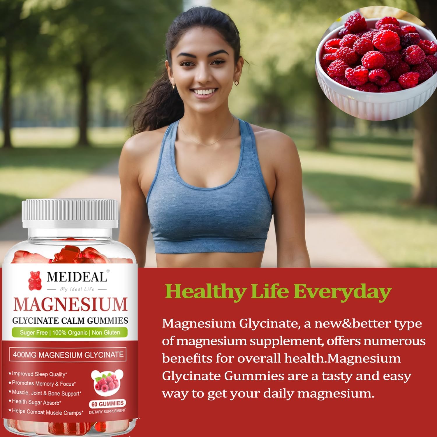 Meideal Magnesium Glycinate Gummies 400mg with Vitamin D, B6, CoQ10 - 60 Gummies (Raspberry)