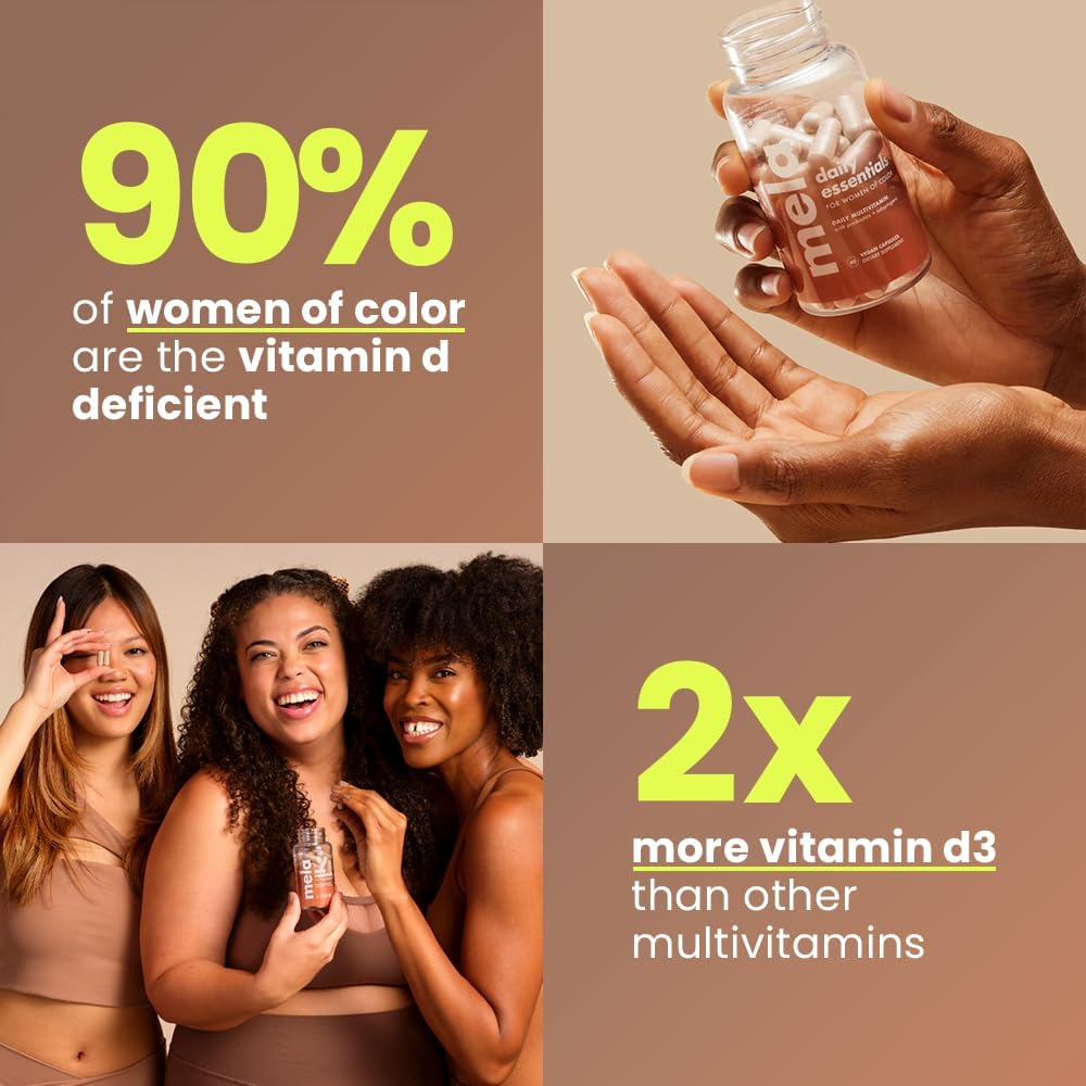 Mela Daily Essentials Multivitamin for Melanated Women - Vitamin D3, B12, Probiotics, Lion's Mane, Ceylon Cinnamon - Vegan, Gluten Free, Non-GMO - 30 Day Supply (60 Capsules)
