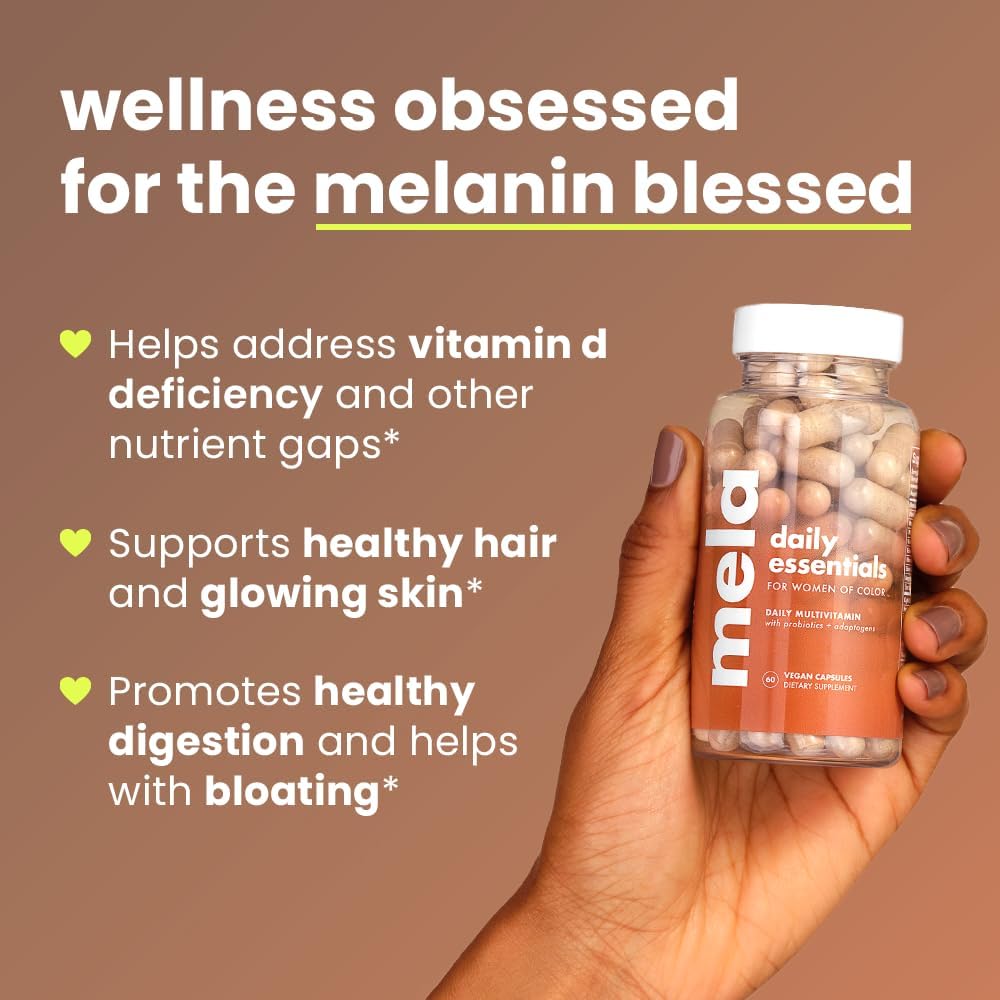 Mela Daily Essentials Multivitamin for Melanated Women - Vitamin D3, B12, Probiotics, Lion's Mane, Ceylon Cinnamon - Vegan, Gluten Free, Non-GMO - 30 Day Supply (60 Capsules)