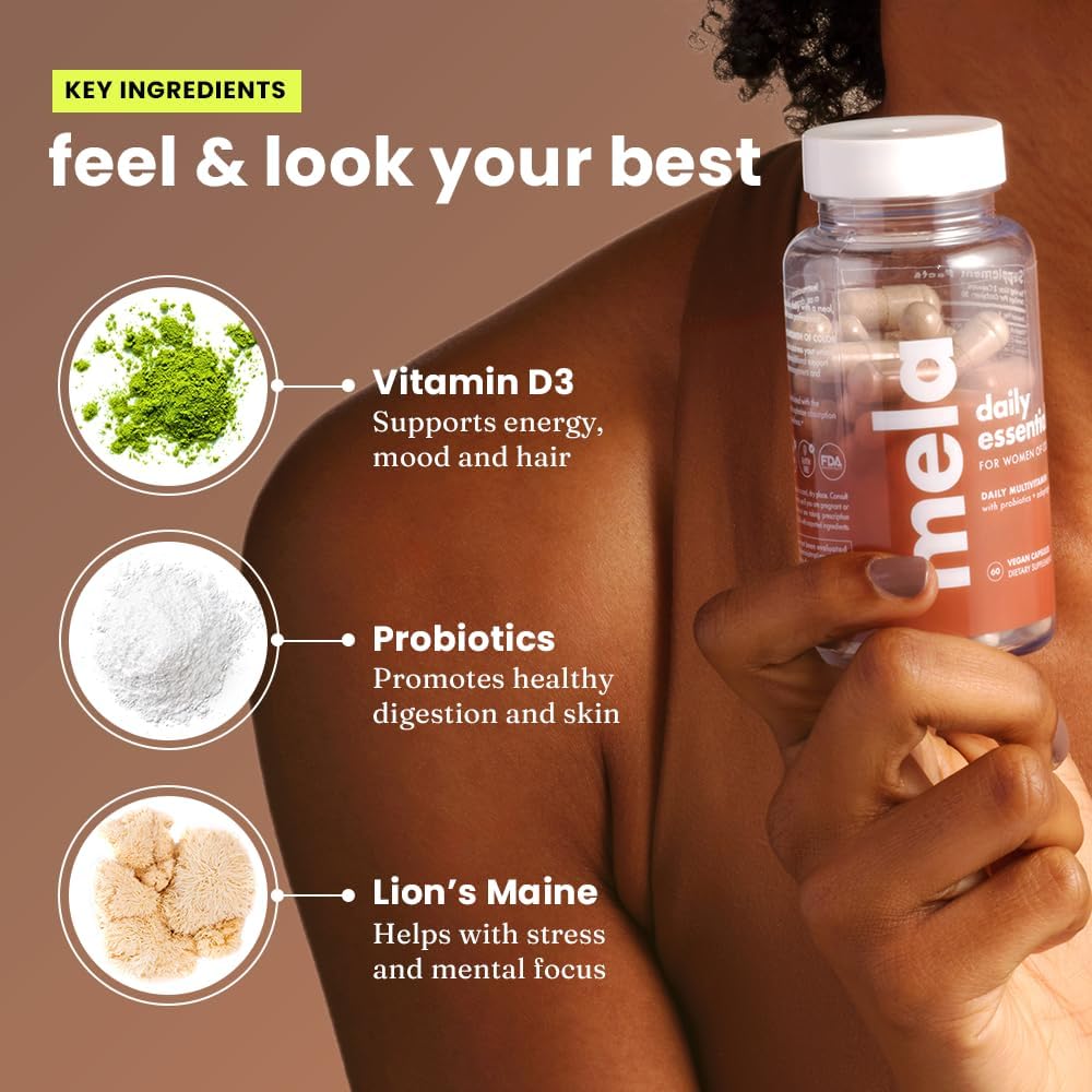 Mela Daily Essentials Multivitamin for Melanated Women - Vitamin D3, B12, Probiotics, Lion's Mane, Ceylon Cinnamon - Vegan, Gluten Free, Non-GMO - 30 Day Supply (60 Capsules)