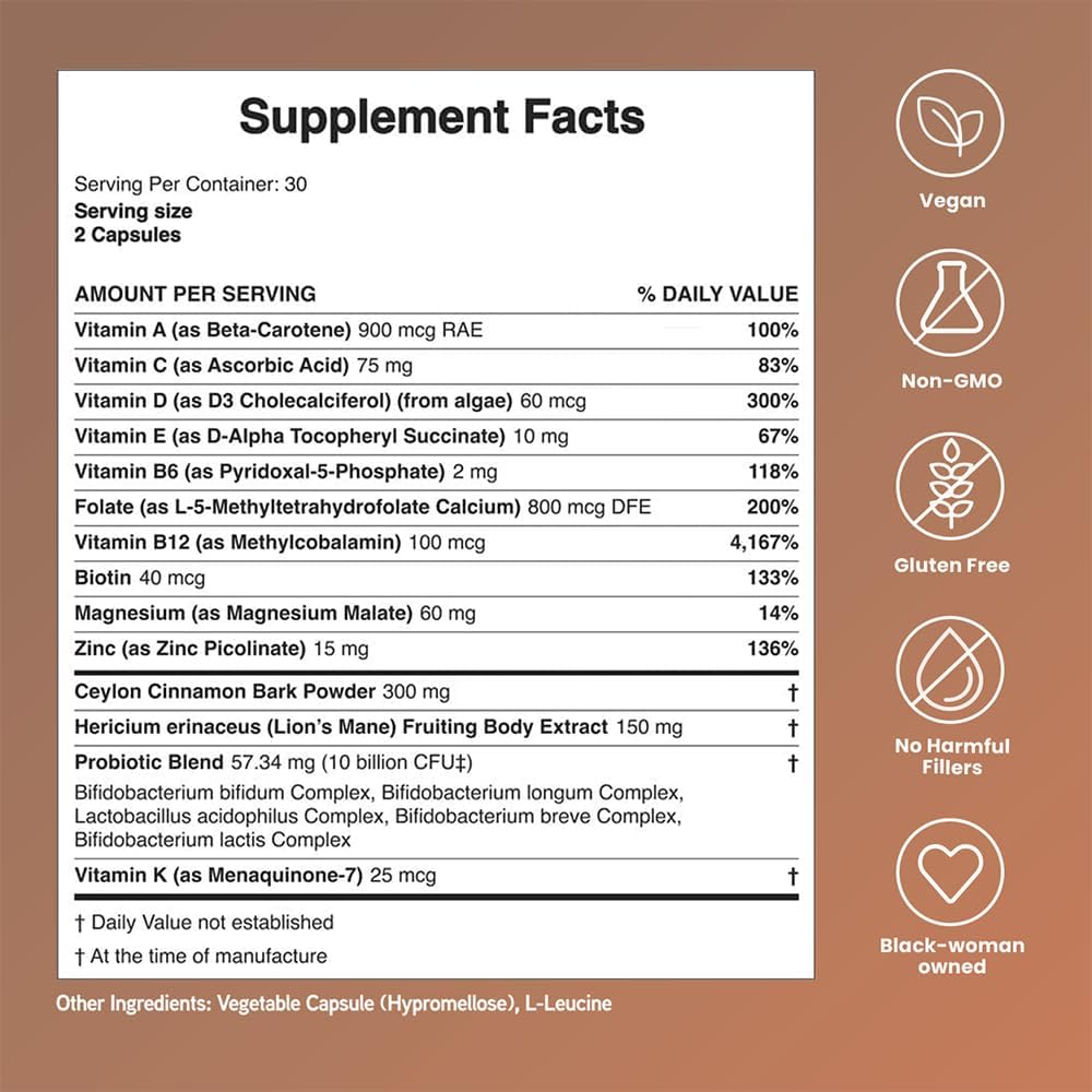 Mela Daily Essentials Multivitamin for Melanated Women - Vitamin D3, B12, Probiotics, Lion's Mane, Ceylon Cinnamon - Vegan, Gluten Free, Non-GMO - 30 Day Supply (60 Capsules)