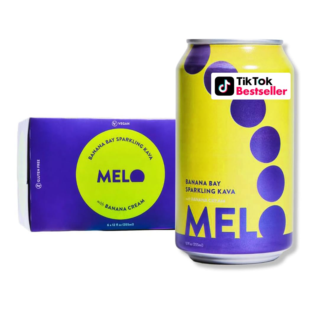 Melo Sparkling Kava Drink, Banana Cream Flavor, Sugar-Free Non-Alcoholic Beverage - Zero Calories, Gluten-Free, Vegan, 100% Natural Mocktail with 100mg Kava Root - 6 Pack of 12 oz Cans