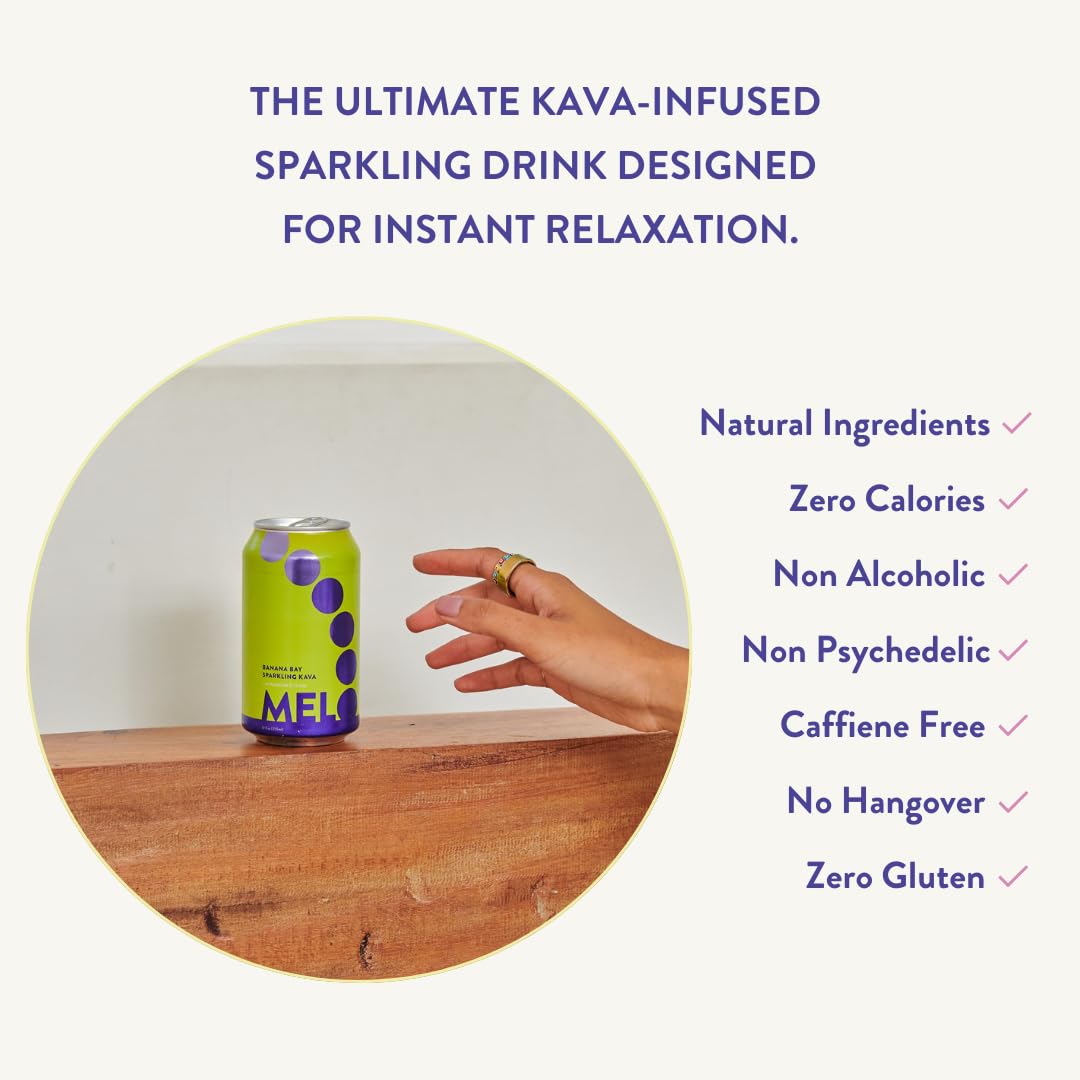 Melo Sparkling Kava Drink, Banana Cream Flavor, Sugar-Free Non-Alcoholic Beverage - Zero Calories, Gluten-Free, Vegan, 100% Natural Mocktail with 100mg Kava Root - 6 Pack of 12 oz Cans