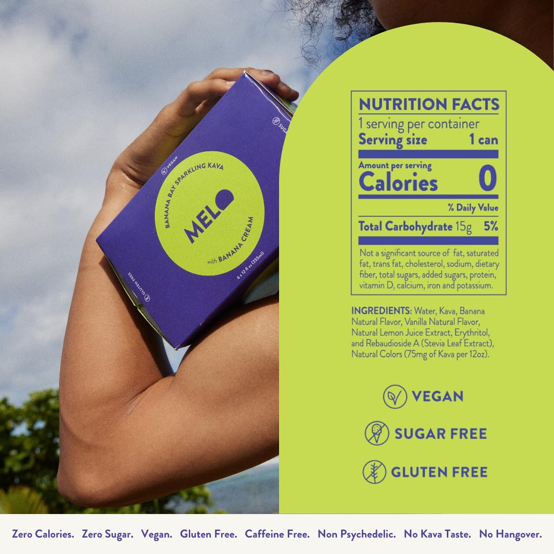 Melo Sparkling Kava Drink, Banana Cream Flavor, Sugar-Free Non-Alcoholic Beverage - Zero Calories, Gluten-Free, Vegan, 100% Natural Mocktail with 100mg Kava Root - 6 Pack of 12 oz Cans